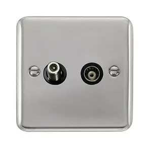 Curved Polished Chrome Satellite And Isolated Coaxial 1 Gang Socket - Black Trim - SE Home