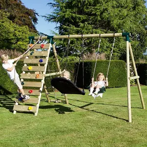 Rebo Wooden Swing Set with Up and Over Climbing Wall - Sage Green