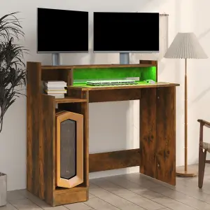 Berkfield Desk with LED Lights Smoked Oak 97x45x90 cm Engineered Wood