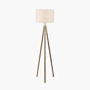 Gold Metal and Wood Grain Tripod Floor Lamp