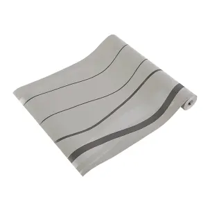 Silver Grey Non Woven Patterned Wallpaper Wavy Striped Wallpaper Roll 5m²