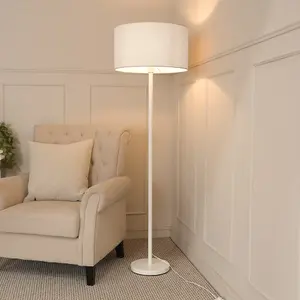 ValueLights Charles White Single Stem Floor Lamp with Grey Drum Lamp Shade and LED Bulb