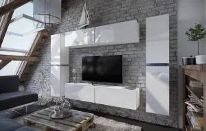 Modern and Stylish White Gloss Floating Entertainment Unit - TV Stand with Modular Design  - (H)1720mm (W)1880mm (D)380mm