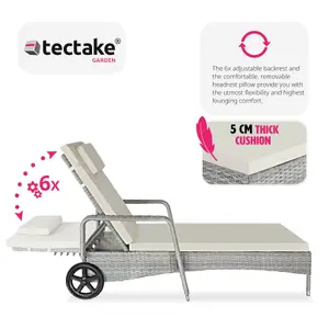 Sun Lounger - 6-position backrest, weather & UV-resistant, soft pillow, two wheels - light grey/cream