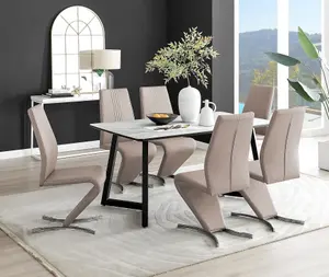 Furniturebox UK Carson White Marble Effect Dining Table & 6 Cappuccino Willow Chairs