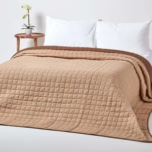 Homescapes Cotton Quilted Reversible Bedspread Chocolate Mink Brown, 200 x 200 cm