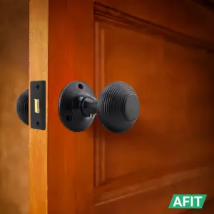 AFIT Beehive Reeded Black Door Knob Set - 3 Pairs Matt Black Mortice Knobs (55mm), Latch (76mm) & Hinges (76mm) for Internal Doors