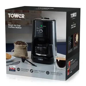 Tower T13005 Bean to Cup Filter Coffee Maker with Coarse and Fine Grinding Options, 0.6 Litre, 900 W, Black