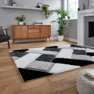 Black White Shaggy Geometric Modern Rug for Living Room Bedroom and Dining Room-120cm X 170cm