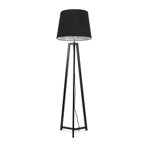 ValueLights Lottie Black Wood Tripod Floor Lamp with Black Tapered Shade - LED Bulb Included