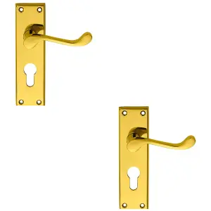 2 PACK - Victorian Scroll Latch & EURO Lock Door Handle Polished Brass Lever on Backplate