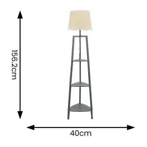 ValueLights Hiru Grey 3 Tier Shelved Wooden Floor Lamp with Linen Trim Scallop Tapered Shade