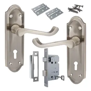 Ashford Door Handle Key Lock Scroll Lever - Satin Key Lock Hinge Pack