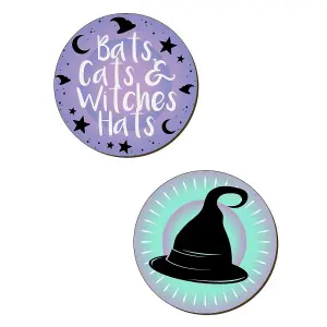 Grindstore Bats Cats And Witches Hats Pastel Goth Coaster Set (Pack of 4) Purple/Black/Blue (One Size)