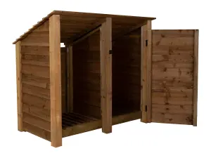 Wooden tool and log store (roof sloping back), garden storage W-146cm, H-126, D-88cm - brown finish