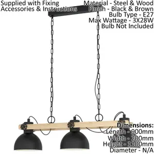 Ceiling Pendant & 2x Matching Wall Lights Black Industrial Shade & Wood Bar Lamp