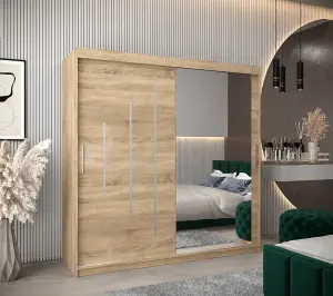 Stylish Oak Sonoma York II Sliding Door Wardrobe W2000mm H2000mm D620mm - Mirrored Storage with Silver Handles