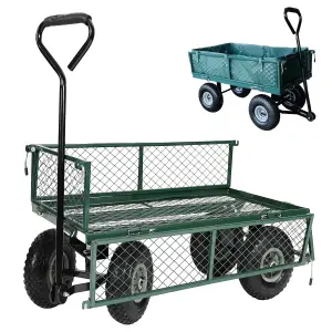 Garden TROLLEY Cart Pull Along Trailer 200kg Load Green Mesh Utility Festival Camping Wagon with Removable Liner & Folding Sides