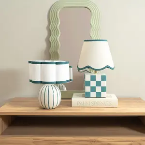 ValueLights Rohan Sky Blue Stripe Ceramic Bedside Table Lamp with Scallop Shade - LED Bulb Included