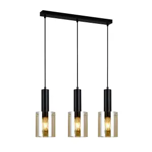 Luminosa Modern Hanging Pendant Black 3 Light  with Amber Shade, E27