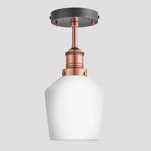 Industville Brooklyn Opal Glass Schoolhouse Flush Mount Light, 5.5 Inch, White, Copper Holder