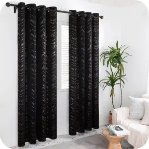 Deconovo Foil Printed Blackout Curtains 46 x 54 Inch Black 2 Panels Thermal Insulated Window Eyelet Curtains Bedroom Curtains