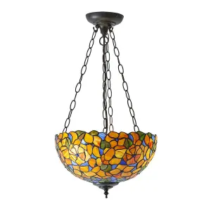 Medium Floral Pendant Ceiling Light - Tiffany Glass & Dark Bronze Finish - Dimmable LED