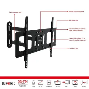 Duronic TVB109M Full Range TV Bracket, Swivel and Tilt Wall Mount with VESA 600x400 for Flat Screen Television 32-70"