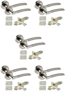 Golden Grace Indiana Style Chrome Door Handles, Duo Finish, 5 Sets with Ball Bearing Hinges and 64mm Tubular Latch