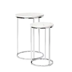 Nesting Table, Set 2 Round Side Table Chrome Glossy End Table For Living Room