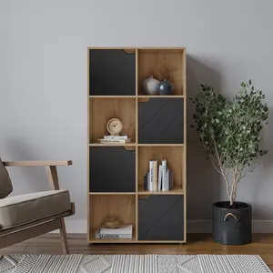 URBNLIVING 119cm Height Wooden Cube Bookcase with 4 Black Line Door Display Oak Shelf Storage Shelving Cupboard