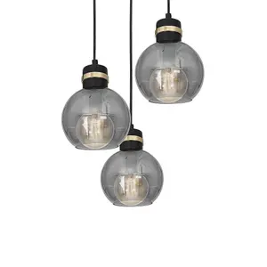 Milagro Omega Hand Made Circular Pendant Lamp With Elegant Smoked Glass Spheres Quality Matt Black Fittings With Gold Detail