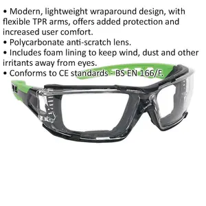 Wraparound Safety Spectacles - EVA Foam Padding - Clear Lens - Flexible TPR Arms