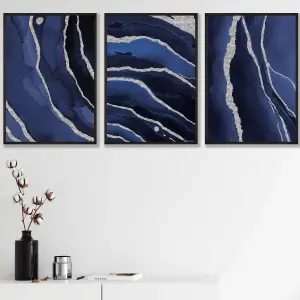 Set of 3 Abstract Navy Blue Silver Strokes Wall Art Prints / 30x42cm (A3) / Black Frame