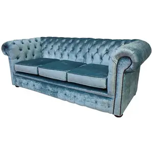 Chesterfield Handmade 3 Seater Sofa Settee Boutique Sky Blue Velvet Fabric In Classic Style