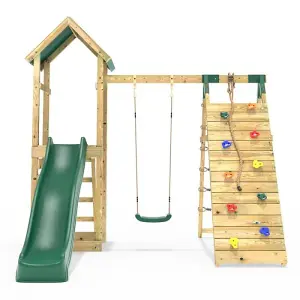 Rebo Challenge Wooden Climbing Frame with Swings, Slide and Up & over Climbing wall - Bear