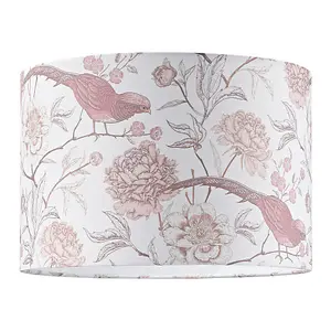 Traditional Cotton Lamp Shade with Pink Long Tailed Birds and Floral Decor