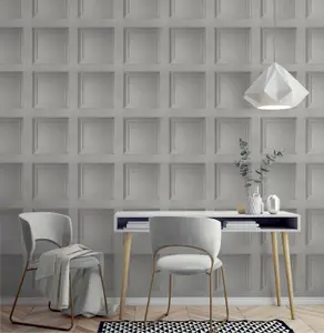 Grey Wooden Panel 3D Effect Realistic Square Panelling Smooth Flat Wallpaper