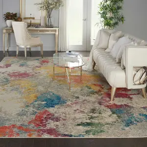 Ivory/Mult Modern Easy to Clean Abstract Graphics Rug For Dining Room-66 X 305cm (Runner)