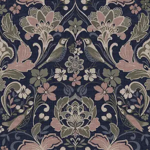 Folk Floral Patterned Textured Vintage Wallpaper Navy Blue / Pink / Olive World of Wallpaper 946104