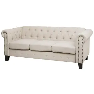 3 Seater Fabric Sofa Nailhead Trim Beige CHESTERFIELD