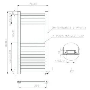 400x800mm Matt Black Heated Towel Warmer Ladder Rail Radiator