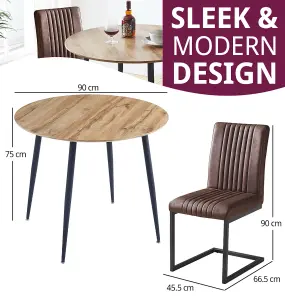 Hallowood Furniture Cullompton Small Round Dining Table 90cm Oak Effect Top with 2 Brown Leather Effect Chairs