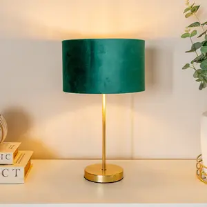 ValueLights Charles Gold Stem Table Lamp with Forest Green Velvet with Gold Inner Lamp Shade