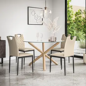 Malvern Round Dining Table And Chairs -  Clear Glass Table Top w Solid Oak Legs + Monza Faux Leather Dining Chair Set Of 4 (Beige)