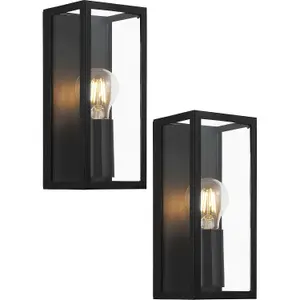 2 PACK Wall Light Colour Black Shade Clear Glass Metal Box Frame Bulb E27 1x60W