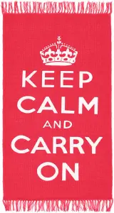 Homescapes Keep Calm And Carry On White Red Rug Hand Woven Base, 60 x 100 cm