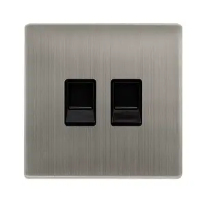 Stainless Steel Screwless Plate Secondary Telephone Twin Socket - Black Trim - SE Home