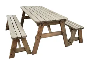 Victoria wooden picnic bench and table set, rounded outdoor dining set (8ft, Rustic brown)