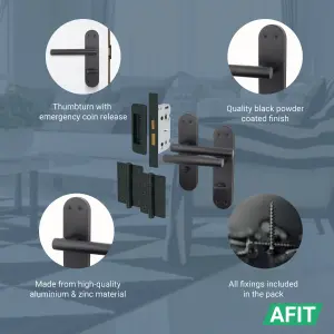 AFIT Black Bathroom Door Handle Set - 2 Pairs of Internal T-Bar Handles with Hinges (76mm) & Locks (64mm) - Olvera Range